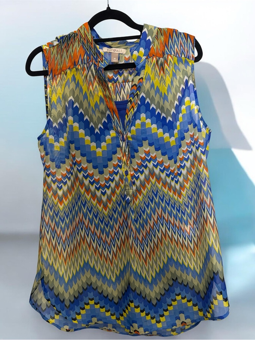 Roz & Ali Multicolor Chevron Sleeveless Top - Blue, Yellow, Orange